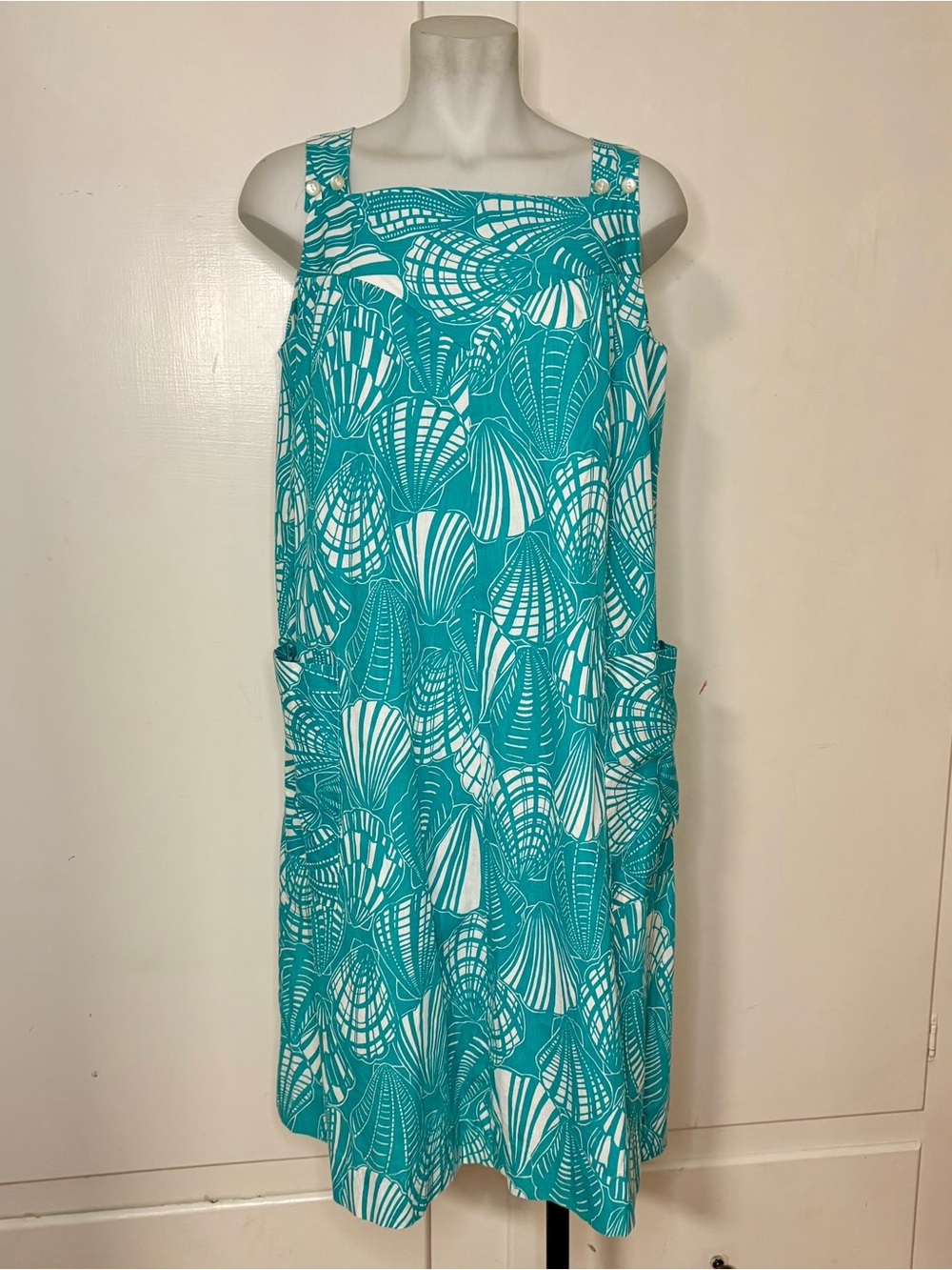 Vintage 80s/90s Turquoise Cotton Blend Sea Shell Print Muu Muu House Dress